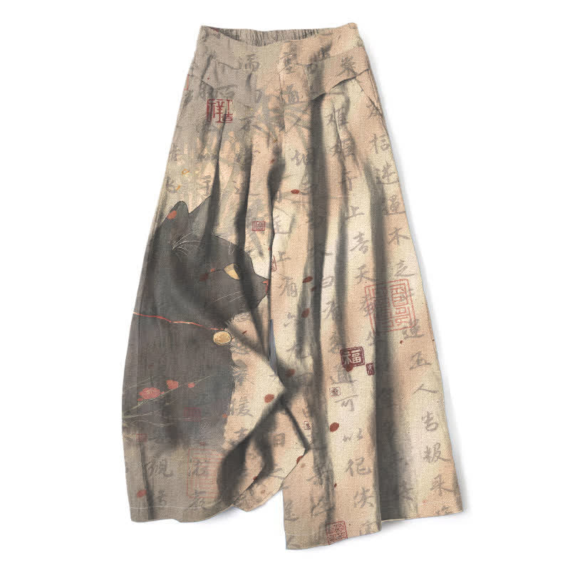 Buddha Stones Cotton Linen Calligraphy Cat Pattern Women's Elastic Waist Wide Leg Pants With Pockets - Tan - US16,UK/AU20,EU48 (3XL) - image 0