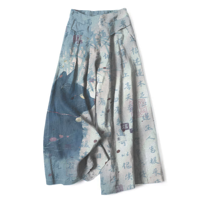 Buddha Stones Cotton Linen Calligraphy Cat Pattern Women's Elastic Waist Wide Leg Pants With Pockets - LightSteelBlue - US16,UK/AU20,EU48 (3XL) - image 5