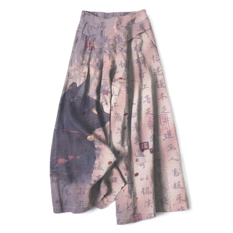 Buddha Stones Cotton Linen Calligraphy Cat Pattern Women's Elastic Waist Wide Leg Pants With Pockets - Thistle - US16,UK/AU20,EU48 (3XL) - image 7