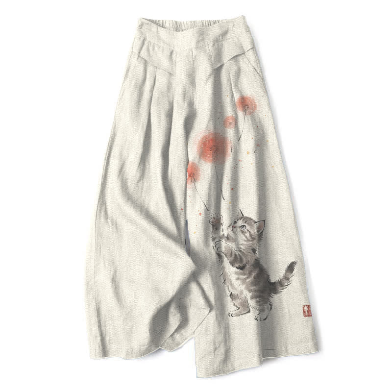 Buddha Stones Cotton Linen Watercolor Cat Floral Pattern Women's Elastic Waist Wide Leg Pants With Pockets - Ivory - US16,UK/AU20,EU48 (3XL) - image 0