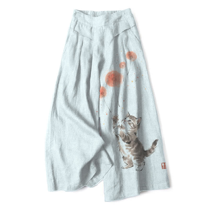 Buddha Stones Cotton Linen Watercolor Cat Floral Pattern Women's Elastic Waist Wide Leg Pants With Pockets - AliceBlue - US16,UK/AU20,EU48 (3XL) - image 5