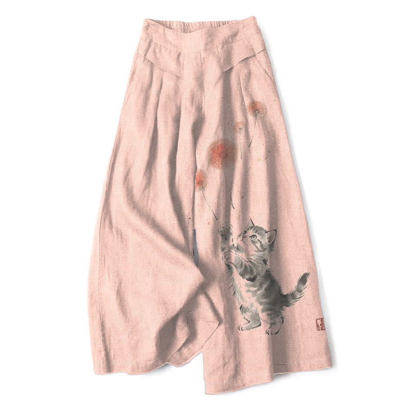 Buddha Stones Cotton Linen Watercolor Cat Floral Pattern Women's Elastic Waist Wide Leg Pants With Pockets - PeachPuff - US16,UK/AU20,EU48 (3XL) - image 7