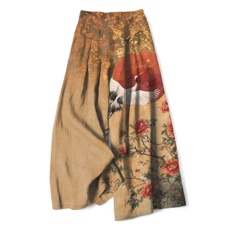 Buddha Stones Cotton Linen Crane Floral Pattern Women's Elastic Waist Wide Leg Pants With Pockets - Tan - US16,UK/AU20,EU48 (3XL) - image 0