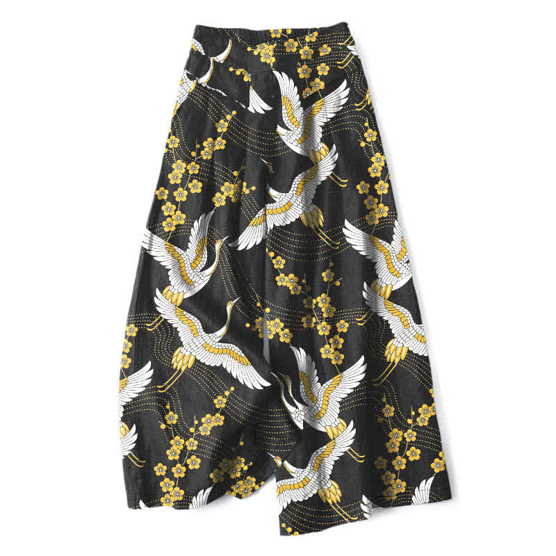 Buddha Stones Cotton Linen Crane Blossom Pattern Women's Elastic Waist Wide Leg Pants With Pockets - Black - US16,UK/AU20,EU48 (3XL) - image 0