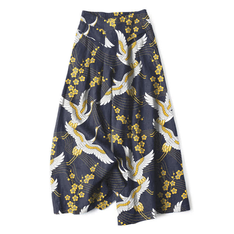 Buddha Stones Cotton Linen Crane Blossom Pattern Women's Elastic Waist Wide Leg Pants With Pockets - Navy - US16,UK/AU20,EU48 (3XL) - image 5