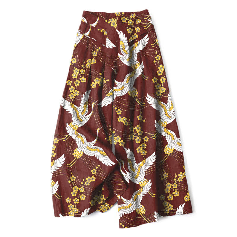 Buddha Stones Cotton Linen Crane Blossom Pattern Women's Elastic Waist Wide Leg Pants With Pockets - Maroon - US16,UK/AU20,EU48 (3XL) - image 7