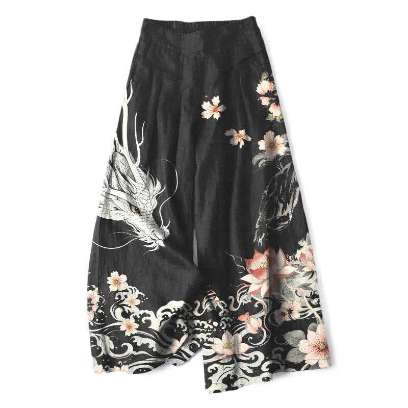 Buddha Stones Cotton Linen Oriental Dragon Pattern Women's Elastic Waist Wide Leg Pants With Pockets - Black - US16,UK/AU20,EU48 (3XL) - image 0