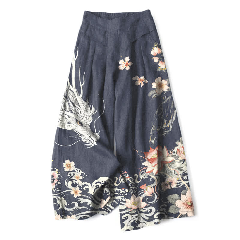 Buddha Stones Cotton Linen Oriental Dragon Pattern Women's Elastic Waist Wide Leg Pants With Pockets - Navy - US16,UK/AU20,EU48 (3XL) - image 5
