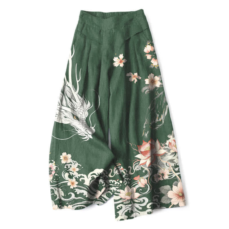 Buddha Stones Cotton Linen Oriental Dragon Pattern Women's Elastic Waist Wide Leg Pants With Pockets - ForestGreen - US16,UK/AU20,EU48 (3XL) - image 7