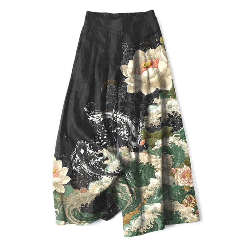 Buddha Stones Cotton Linen Lotus Koi Wave Pattern Women's Elastic Waist Wide Leg Pants With Pockets - Black - US16,UK/AU20,EU48 (3XL) - image 0