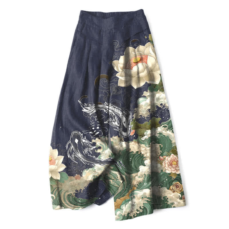 Buddha Stones Cotton Linen Lotus Koi Wave Pattern Women's Elastic Waist Wide Leg Pants With Pockets - Navy - US16,UK/AU20,EU48 (3XL) - image 5