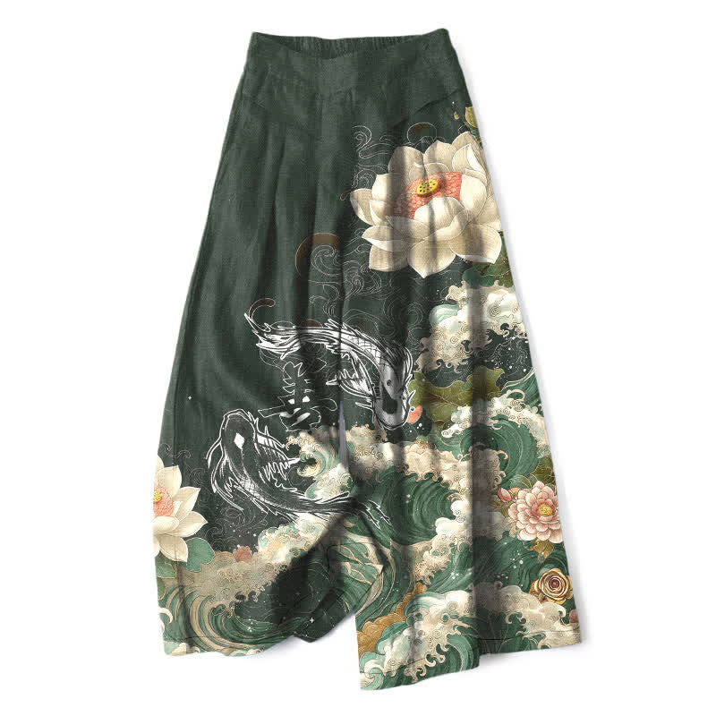 Buddha Stones Cotton Linen Lotus Koi Wave Pattern Women's Elastic Waist Wide Leg Pants With Pockets - DarkGreen - US16,UK/AU20,EU48 (3XL) - image 7
