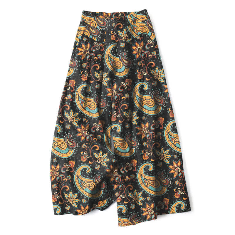 Buddha Stones Cotton Linen Bohemian Paisley Floral Pattern Women's Elastic Waist Wide Leg Pants With Pockets - Black - US16,UK/AU20,EU48 (3XL) - image 0