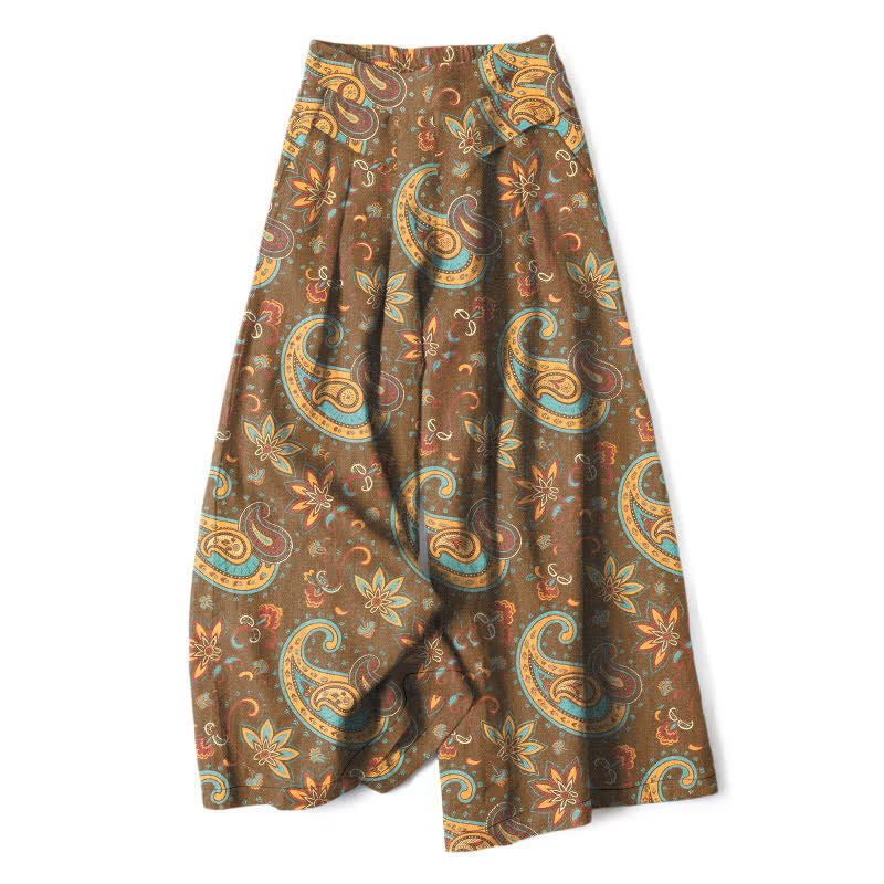 Buddha Stones Cotton Linen Bohemian Paisley Floral Pattern Women's Elastic Waist Wide Leg Pants With Pockets - Sienna - US16,UK/AU20,EU48 (3XL) - image 5