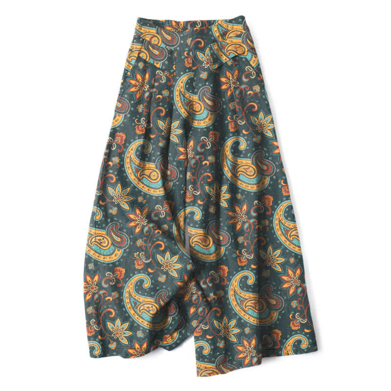 Buddha Stones Cotton Linen Bohemian Paisley Floral Pattern Women's Elastic Waist Wide Leg Pants With Pockets - Teal - US16,UK/AU20,EU48 (3XL) - image 7