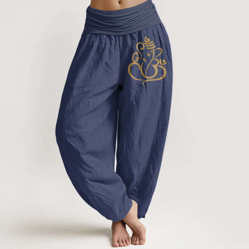 Buddha Stones Pure Cotton Golden Ganesha Pattern Women's Elastic Waist Harem Pants - DarkSlateBlue - US16,UK/AU20,EU48 (3XL) - image 5