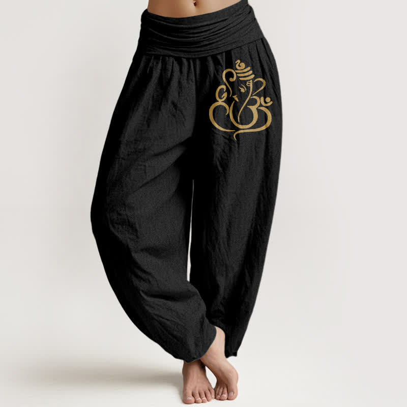 Buddha Stones Pure Cotton Golden Ganesha Pattern Women's Elastic Waist Harem Pants - Black - US16,UK/AU20,EU48 (3XL) - image 0