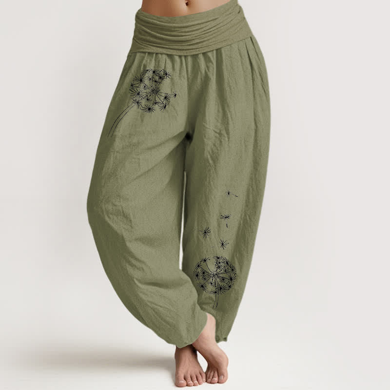 Buddha Stones Pure Cotton Dandelion Seeds Pattern Women's Elastic Waist Harem Pants - OliveDrab - US16,UK/AU20,EU48 (3XL) - image 11