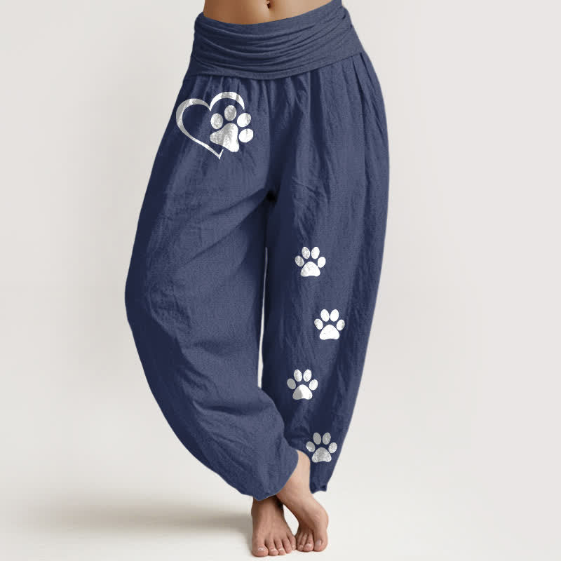 Buddha Stones Pure Cotton Heart Paw Print Pattern Women's Elastic Waist Harem Pants - DarkSlateBlue - US16,UK/AU20,EU48 (3XL) - image 5