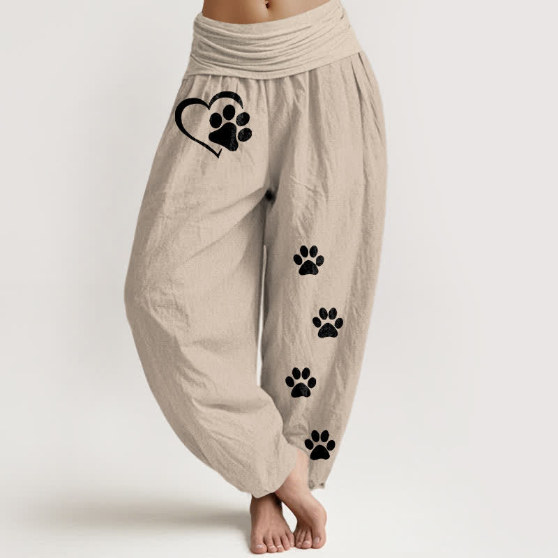 Buddha Stones Pure Cotton Heart Paw Print Pattern Women's Elastic Waist Harem Pants - Tan - US16,UK/AU20,EU48 (3XL) - image 14