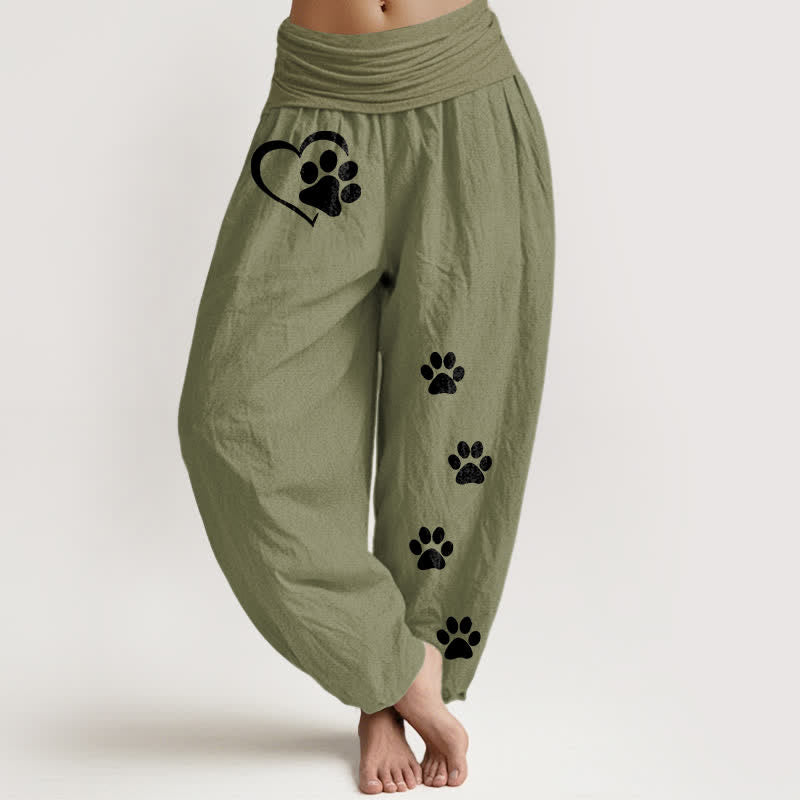 Buddha Stones Pure Cotton Heart Paw Print Pattern Women's Elastic Waist Harem Pants - OliveDrab - US16,UK/AU20,EU48 (3XL) - image 11