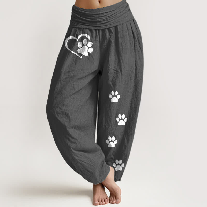 Buddha Stones Pure Cotton Heart Paw Print Pattern Women's Elastic Waist Harem Pants - DimGray - US16,UK/AU20,EU48 (3XL) - image 8