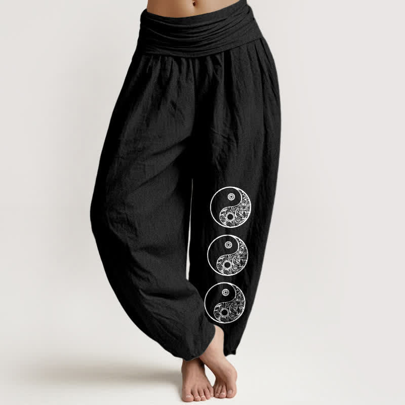 Buddha Stones Pure Cotton Yin Yang Pattern Women's Elastic Waist Harem Pants - Black - US16,UK/AU20,EU48 (3XL) - image 5
