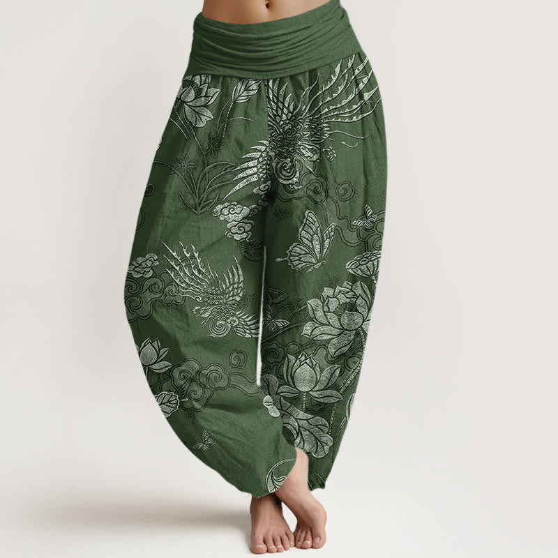 Buddha Stones Cotton Lotus Bird Pattern Women's Elastic Waist Harem Pants - ForestGreen - US16,UK/AU20,EU48 (3XL) - image 0