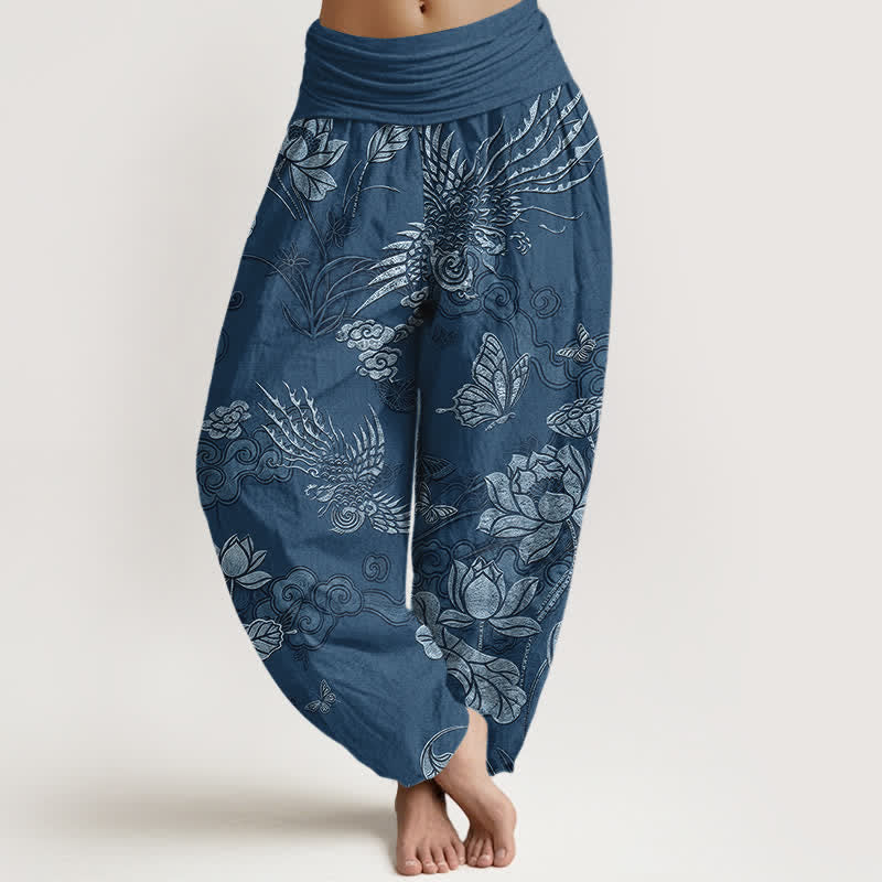Buddha Stones Cotton Lotus Bird Pattern Women's Elastic Waist Harem Pants - SteelBlue - US16,UK/AU20,EU48 (3XL) - image 5