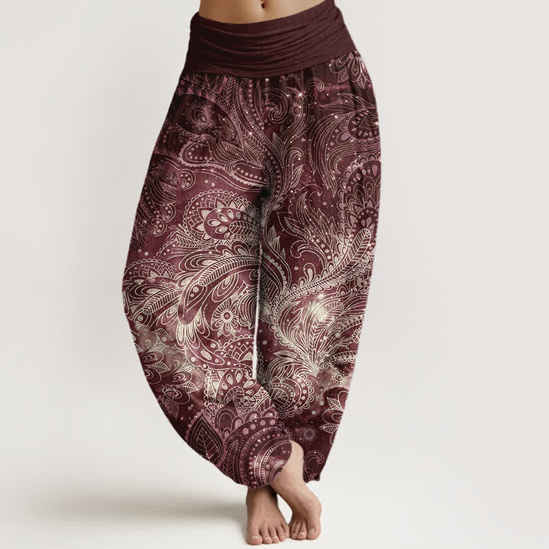 Buddha Stones Pure Cotton Elegant Paisley Pattern Women's Elastic Waist Harem Pants - Maroon - US16,UK/AU20,EU48 (3XL) - image 8