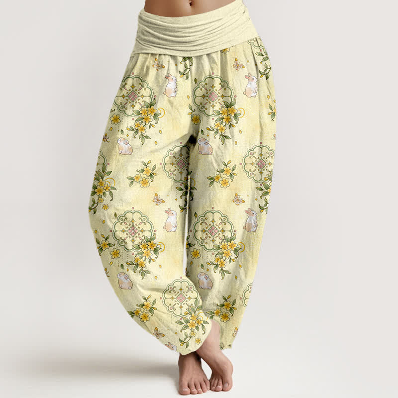 Buddha Stones Pure Cotton Floral Vine Rabbit Pattern Women's Elastic Waist Harem Pants - LemonChiffon - US16,UK/AU20,EU48 (3XL) - image 0