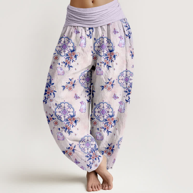 Buddha Stones Pure Cotton Floral Vine Rabbit Pattern Women's Elastic Waist Harem Pants - Lavender - US16,UK/AU20,EU48 (3XL) - image 5