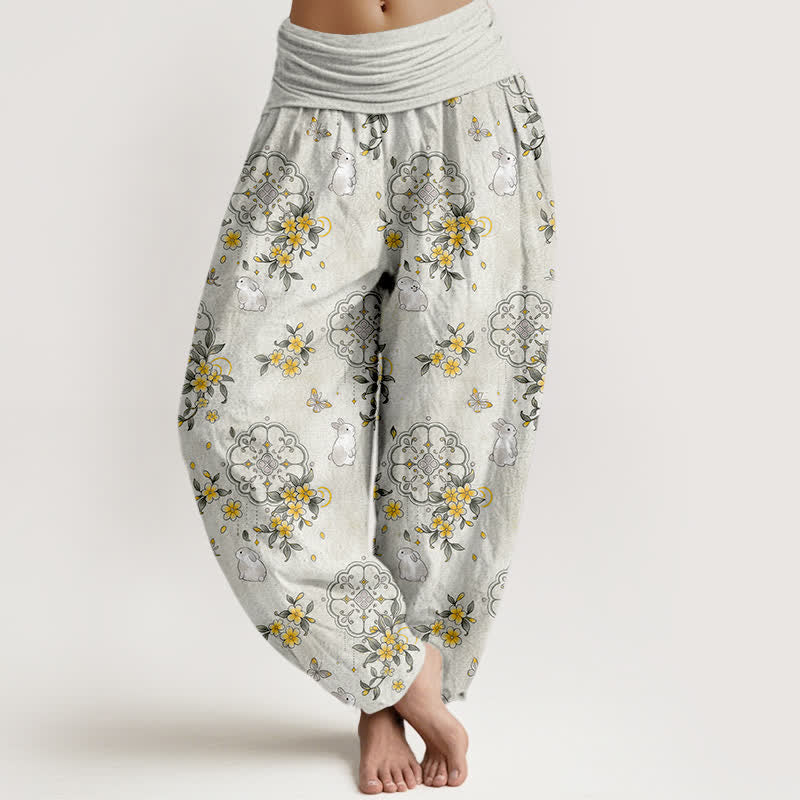 Buddha Stones Pure Cotton Floral Vine Rabbit Pattern Women's Elastic Waist Harem Pants - LightGrey - US16,UK/AU20,EU48 (3XL) - image 8