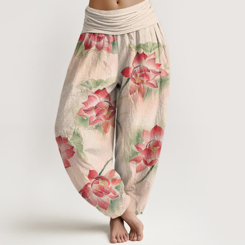 Buddha Stones Cotton Lotus Bloom Pattern Women's Elastic Waist Harem Pants - Linen - US16,UK/AU20,EU48 (3XL) - image 0