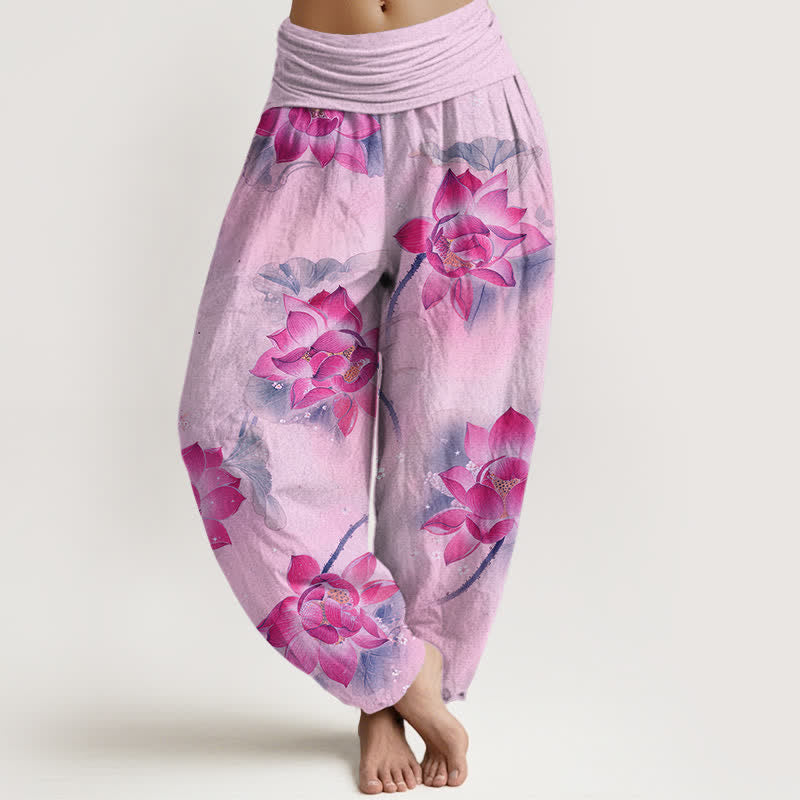 Buddha Stones Cotton Lotus Bloom Pattern Women's Elastic Waist Harem Pants - Plum - US16,UK/AU20,EU48 (3XL) - image 5