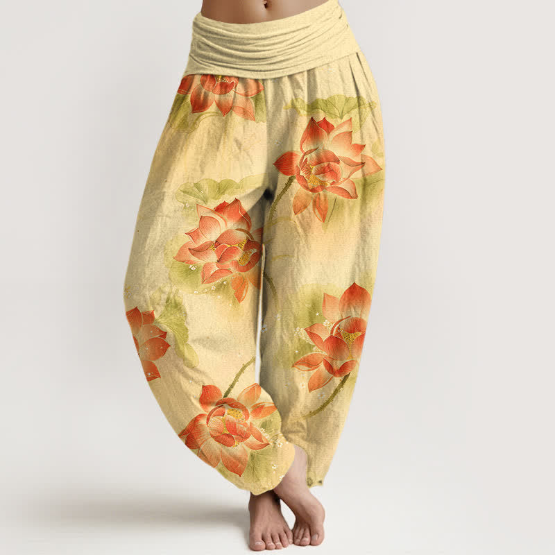 Buddha Stones Cotton Lotus Bloom Pattern Women's Elastic Waist Harem Pants - LemonChiffon - US16,UK/AU20,EU48 (3XL) - image 8