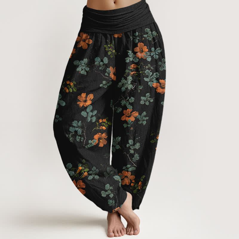 Buddha Stones Cotton Orange Floral Leaf Pattern Women's Elastic Waist Harem Pants - Black - US16,UK/AU20,EU48 (3XL) - image 0