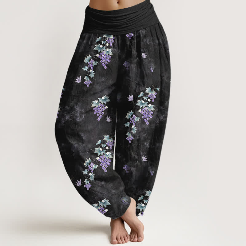 Buddha Stones Cotton Vintage Grape Vine Pattern Women's Elastic Waist Harem Pants - Black - US16,UK/AU20,EU48 (3XL) - image 0