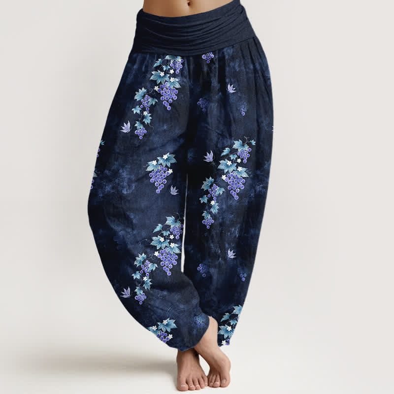 Buddha Stones Cotton Vintage Grape Vine Pattern Women's Elastic Waist Harem Pants - Navy - US16,UK/AU20,EU48 (3XL) - image 5