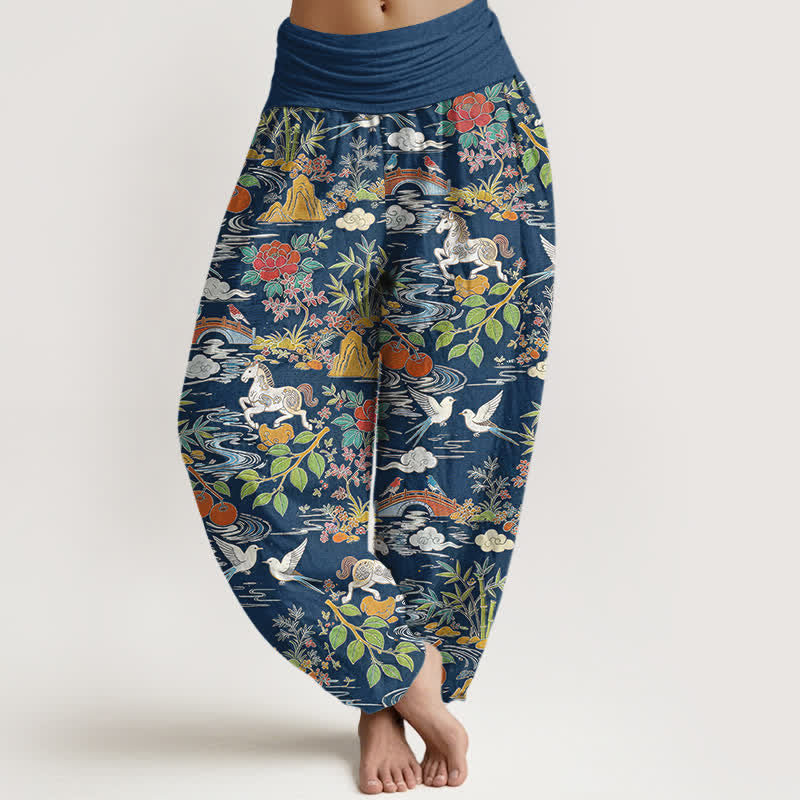 Buddha Stones Cotton Horse Bird Landscape Floral Pattern Women's Elastic Waist Harem Pants - Navy - US16,UK/AU20,EU48 (3XL) - image 0