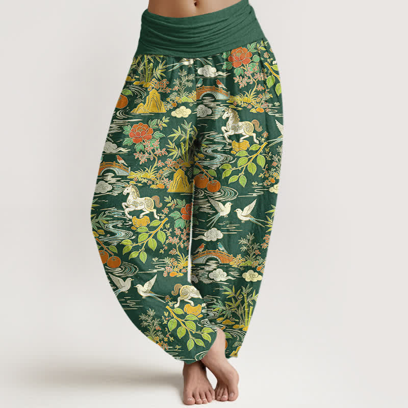 Buddha Stones Cotton Horse Bird Landscape Floral Pattern Women's Elastic Waist Harem Pants - ForestGreen - US16,UK/AU20,EU48 (3XL) - image 5