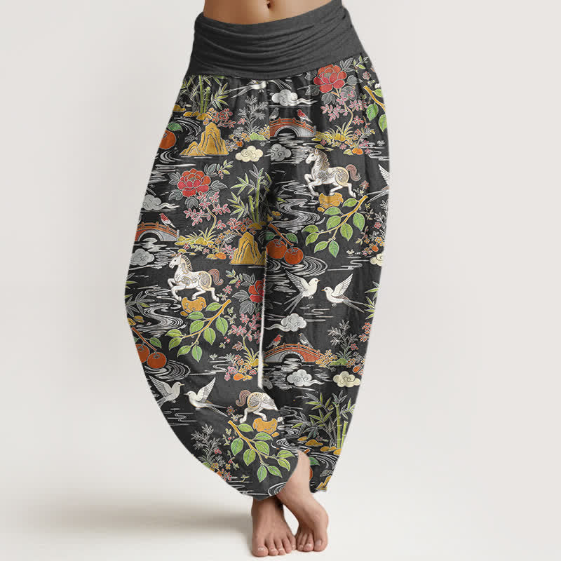 Buddha Stones Cotton Horse Bird Landscape Floral Pattern Women's Elastic Waist Harem Pants - DimGray - US16,UK/AU20,EU48 (3XL) - image 8
