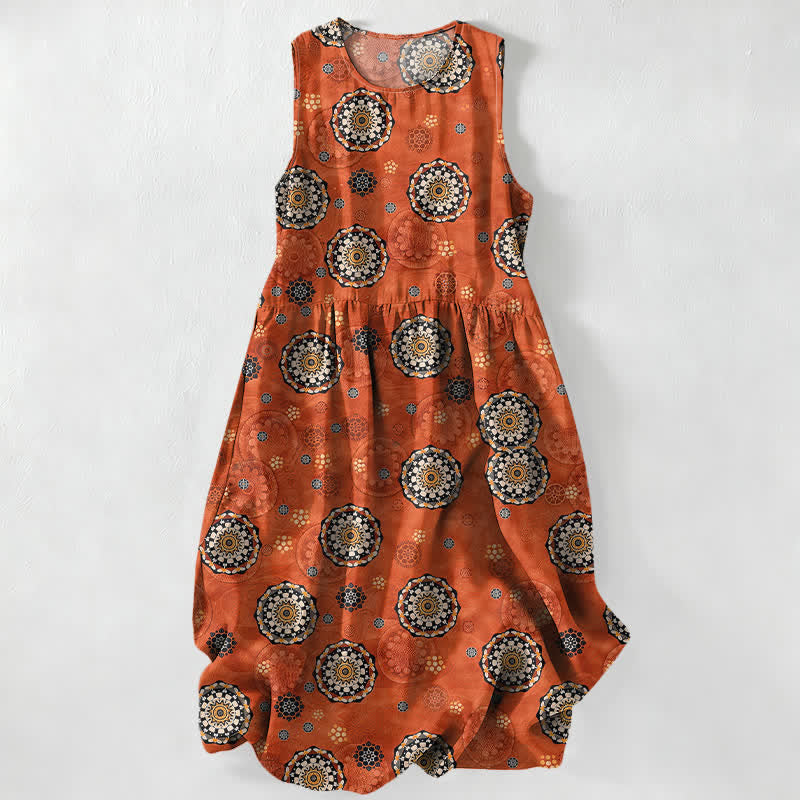 Buddha Stones Summer Casual Boho Mandala Medallion Pattern Women's Summer Sleeveless Midi Dress With Pockets - DarkOrange - US16,UK/AU20,EU48 (3XL) - image 0