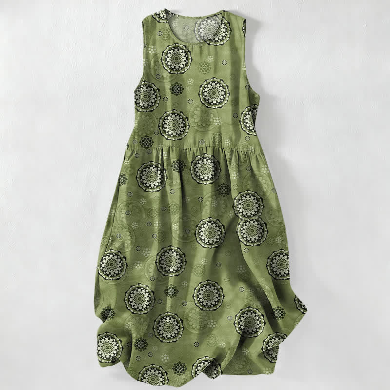 Buddha Stones Summer Casual Boho Mandala Medallion Pattern Women's Summer Sleeveless Midi Dress With Pockets - OliveDrab - US16,UK/AU20,EU48 (3XL) - image 4