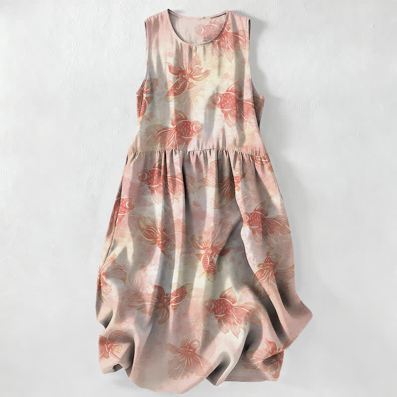 Buddha Stones Summer Casual Goldfish Koi Fish Pattern Women's Summer Sleeveless Midi Dress With Pockets - MistyRose - US16,UK/AU20,EU48 (3XL) - image 0