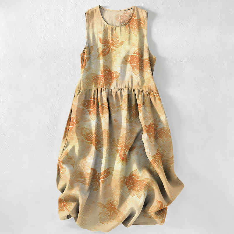 Buddha Stones Summer Casual Goldfish Koi Fish Pattern Women's Summer Sleeveless Midi Dress With Pockets - Wheat - US16,UK/AU20,EU48 (3XL) - image 4