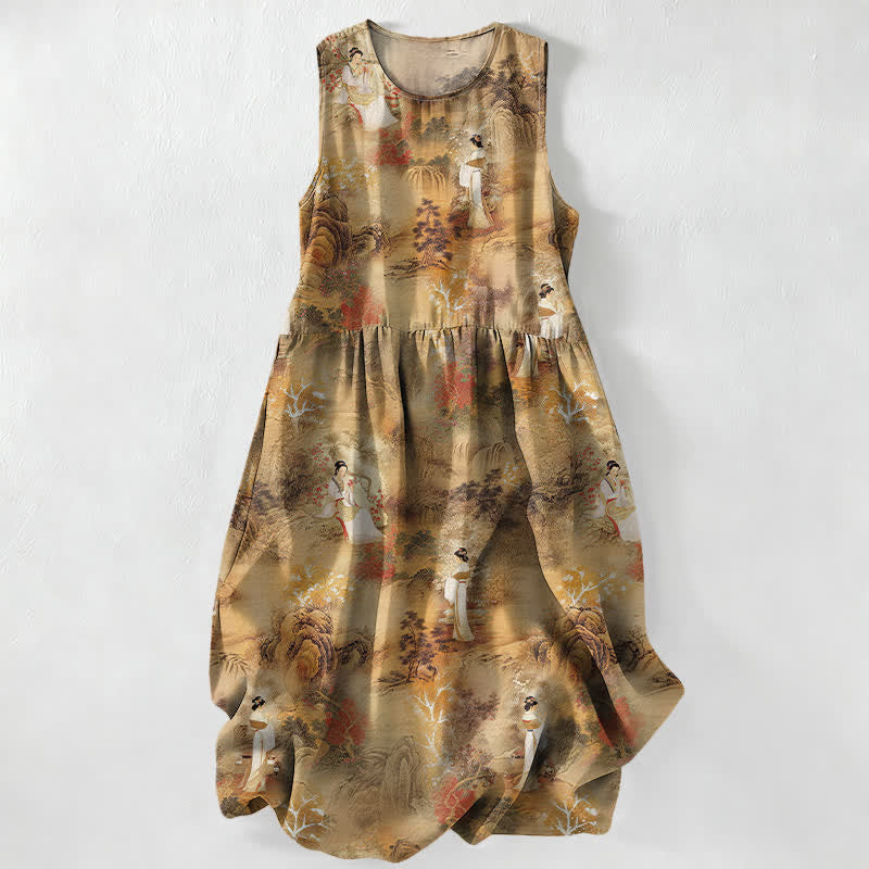 Buddha Stones Summer Casual Oriental Ladies Landscape Pattern Women's Summer Sleeveless Midi Dress With Pockets - Tan - US16,UK/AU20,EU48 (3XL) - image 0