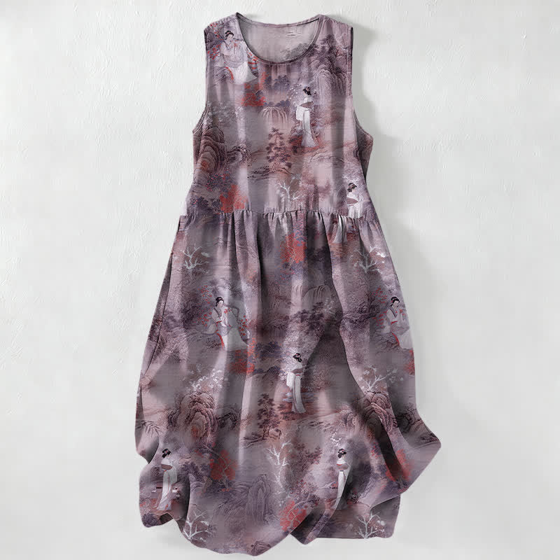 Buddha Stones Summer Casual Oriental Ladies Landscape Pattern Women's Summer Sleeveless Midi Dress With Pockets - Thistle - US16,UK/AU20,EU48 (3XL) - image 4