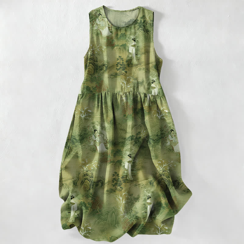 Buddha Stones Summer Casual Oriental Ladies Landscape Pattern Women's Summer Sleeveless Midi Dress With Pockets - OliveDrab - US16,UK/AU20,EU48 (3XL) - image 5