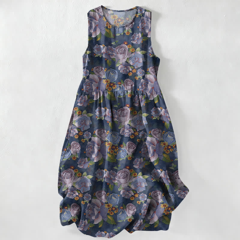 Buddha Stones Summer Casual Vintage Rose Flowers Pattern Women's Summer Sleeveless Midi Dress With Pockets - Navy - US16,UK/AU20,EU48 (3XL) - image 0